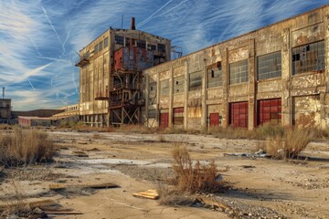 Fototapeta na wymiar Abandoned industrial site featuring weathered factory buildings in a barren, isolated setting