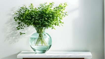 Green plants are placed on the table, with a white wall background and shadows left by sunlight on it