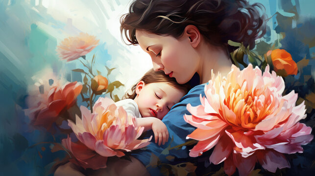 A loving mother gently holds a sleeping baby in her arms on a floral background. Beautiful drawing, postcard for Mother's Day.
