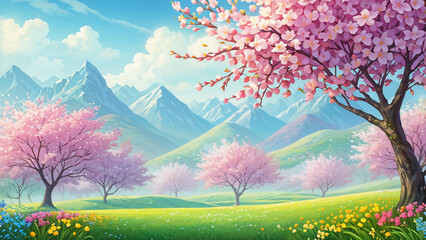 Warm and bright spring background, pink cherry blossom trees, and colorful pretty flowers. Generative AI.