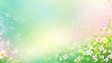 Warm and bright spring background, pink cherry blossom trees, and colorful pretty flowers. Generative AI.