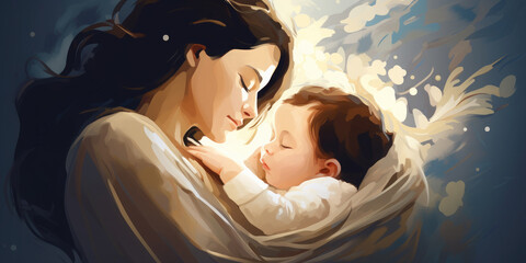 Mom gently hugs and lulls her baby in her arms. Happy Mother's Day greeting card. Love. Care. Motherhood
