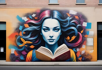 a mural of a woman with a blue and pink hair reading a book on a wall