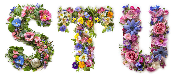 Flower font alphabet S, T, U made of colorful floral letters on white background