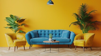 A classic sofa and table dalam ruang tamu modern on a yellow wall. 3d rendering background. - obrazy, fototapety, plakaty