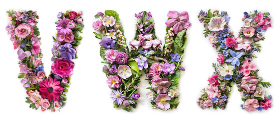 Flower font alphabet V, W, X made of colorful floral letters on white background