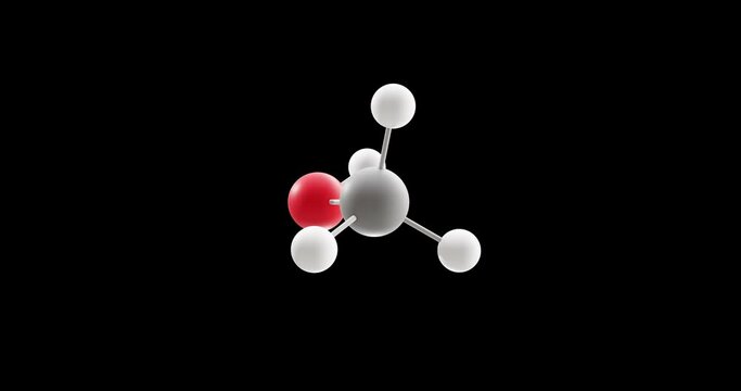 Methanol molecule, rotating 3D model of methyl alcohol, looped video on a black background