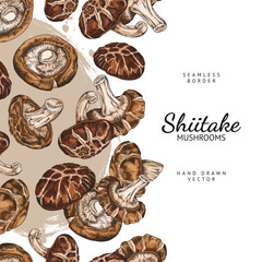 Vertical vector pattern shiitake mushrooms in hand- draw style on a white background