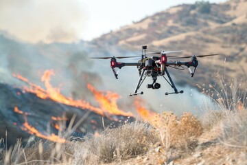 Fototapeta na wymiar A remote controlled helicopter hovers over a fire, aiding in detection and monitoring efforts on the hillside
