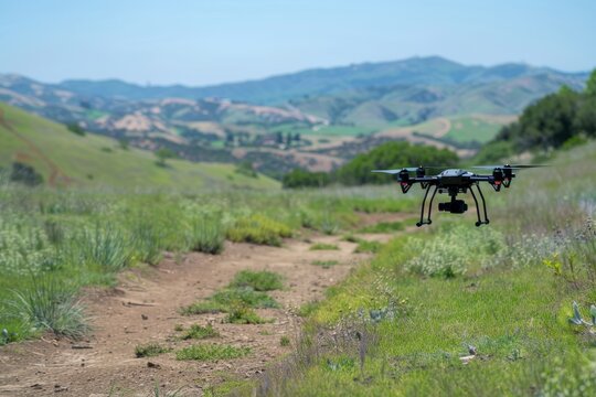 A camera-equipped drone flies over a dirt road in the middle of a field, capturing images for environmental conservation efforts