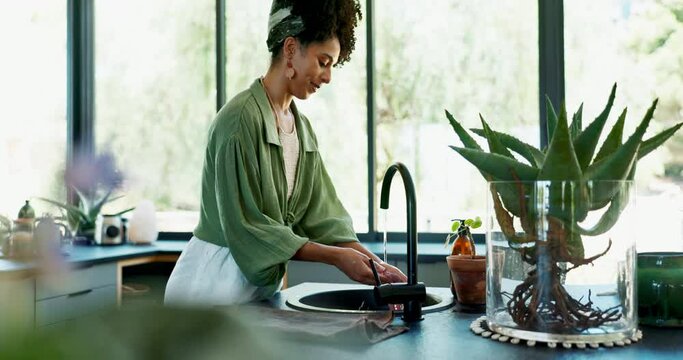 Woman, washing hands and soap in kitchen or healthy hygiene in apartment or wellness, bacteria or disinfectant. Female person, sink and cleaning germs with water or faucet, protection or sanitary