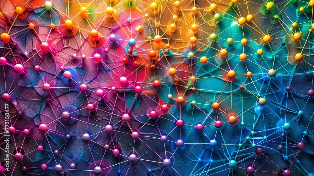 Poster a colorful array of interconnected nodes in a digital network