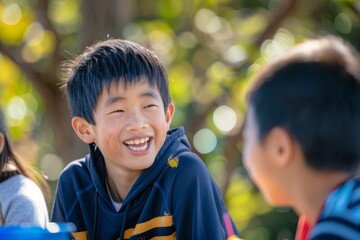 A group of elementary Asian students sitting around each other, engaged in genuine laughter and forming strong bonds as they enjoy each others company