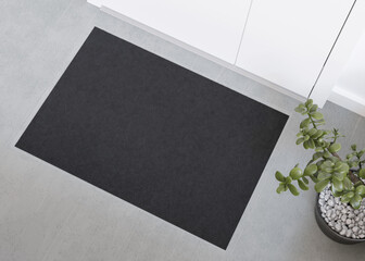 Sleek black doormat mockup in a contemporary setting, perfect for displaying logos or custom prints in a home or office entrance. Welcome mat with copy space. Doormat mock up. Carpet at entrance. 3D.