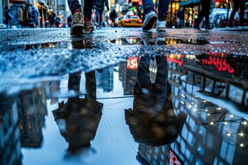 A person is walking down a street holding an umbrella with reflections on a puddle