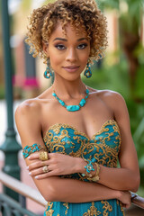 woman in a turquoise and gold colour dress wearing turquoise stone necklace and earrings. 