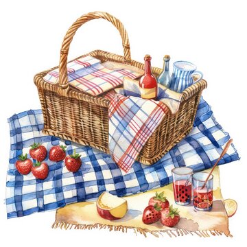 A watercolor clipart of a beach picnic setup complete with a basket and blanket