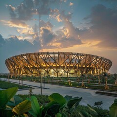 Stadium showcasing the fusion of traditional architecture and modern sustainability practices in a global event - obrazy, fototapety, plakaty