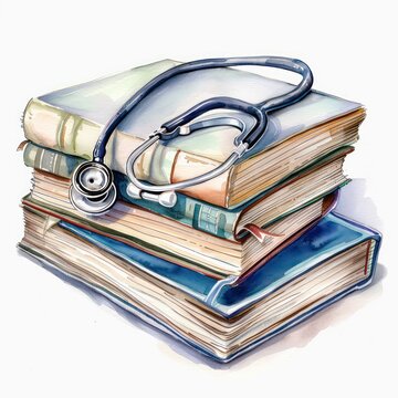 A stethoscope draped over a small stack of medical books watercolor clipart