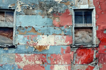 A close-up view of a red and blue building featuring three windows against a barren dirt landscape, showcasing intricate textures and patterns