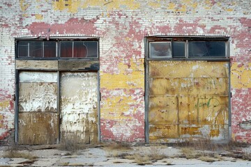 A weathered old building stands with two doors and a brick wall, showcasing textures and patterns in a barren landscape