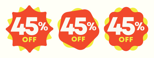 45% off. Special offer sticker, label, tag. Value discount poster, price. Shapes in yellow and red. Promo, discount, sale, store, retail, mall. Icon, vector