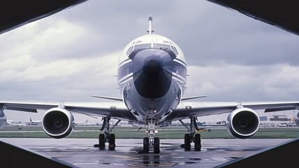 Large passenger jet parked on an airport runway - A large commercial passenger jet airplane is parked on a paved runway at a busy airport during daylight hours.