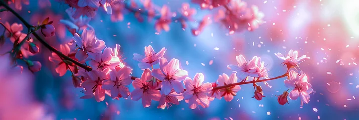 Foto auf Acrylglas A beautiful spring banner made of blooming pink cherry blossoms on a blue background. A symbol of spring, nature and awakening © evgeniia_1010