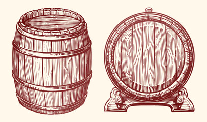 Wooden barrel, set. Oak cask sketch style. Hand drawn vintage vector illustration