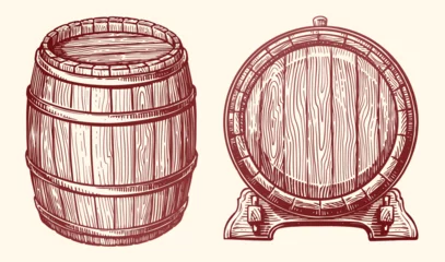 Gordijnen Wooden barrel, set. Oak cask sketch style. Hand drawn vintage vector illustration © ~ Bitter ~