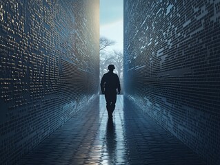 A man walks down a long, dark hallway. The hallway is filled with many small squares, and the man is the only person in the scene