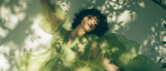 woman in a green sheer organza dress lying on the floor with a shadow of a tree and leaves. 