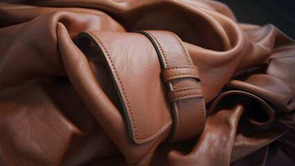 Close-up of  a brown leather coat with visible stitching details and a smooth, soft texture.