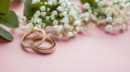 Obraz na płótnie Canvas elegant gold wedding rings on pink surface surrounded by white lily flowers for romantic nuptial theme concept, space for copy or text