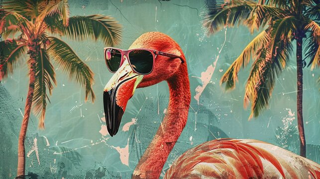 abstract collage of a flamingo wearing sunglasses among palms, in a 60s retro style, blending vintage and whimsy