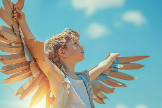 A dreamer boy with paper wings looking up at the sky. Aspirations concept