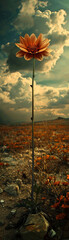 A lone flower stands in a desolate landscape - obrazy, fototapety, plakaty
