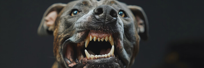 verry aggressive pit bull bares its teeth and wants to attack with squinted aggresive eyes - obrazy, fototapety, plakaty