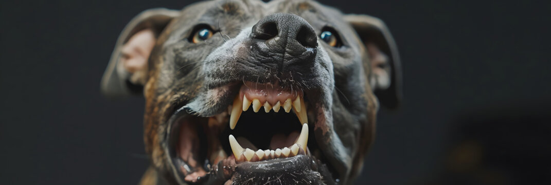 verry aggressive pit bull bares its teeth and wants to attack with squinted aggresive eyes