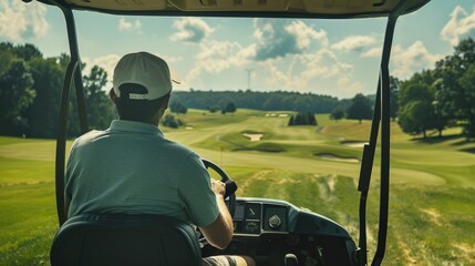 Man golfer driving golf cart on golf course in summer sunny day, outdoor activity lifestyle sport concept