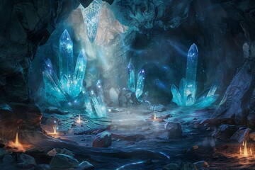 Illuminated crystals in an enigmatic cave, stirring ancient magic and awe. - obrazy, fototapety, plakaty