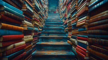 A staircase made of books that leads to a floating desk - obrazy, fototapety, plakaty