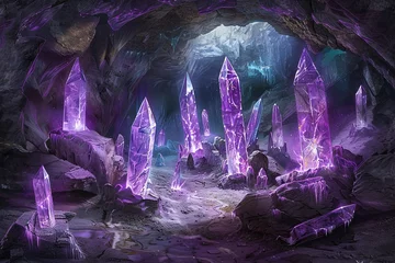 Rolgordijnen Illuminated crystals in an enigmatic cave, stirring ancient magic and awe. © Nutcha