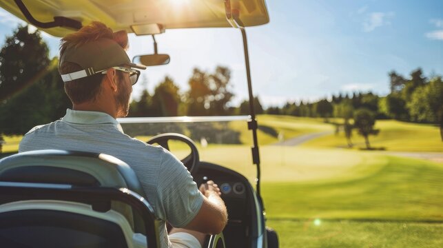 Man golfer driving golf cart on golf course in summer sunny day, outdoor activity lifestyle sport concept