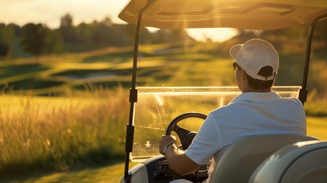 Man golfer driving golf cart on golf course in summer sunny day, outdoor activity lifestyle sport concept