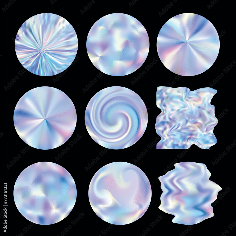 Poster vector holographic or metallic y2k elements for design round and abstract shaped elements. trendy co