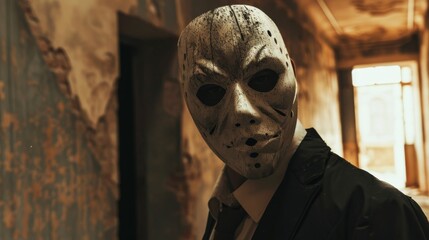 Halloween theme: a man with a mask on his face in an abandoned building