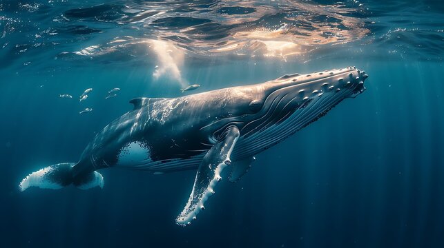 A Baby Humpback Whale Plays Near the Surface in Blue Ocean Sea life in underwater