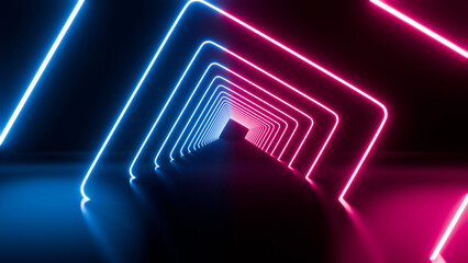 Naklejka premium looped 3d animation, neon tunnel with rotating square frames. Abstract cycled background