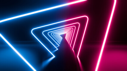 abstract neon background, flying forward through triangular corridor, tunnel, appearing glowing pink blue shapes, ultraviolet spectrum